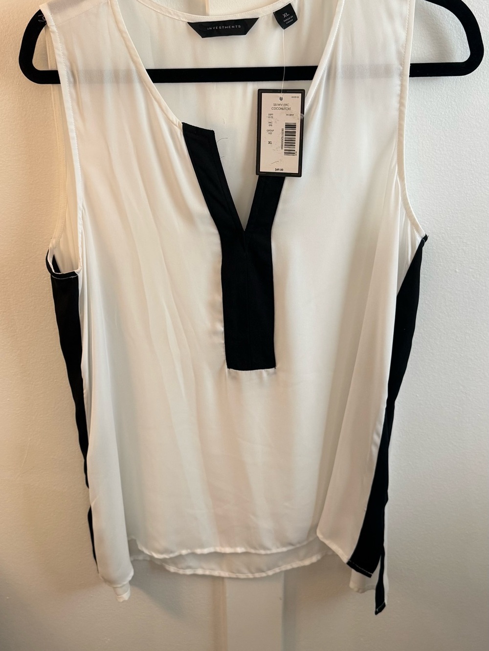 Investments White Sleeveless Split-Neck Top with Black Trim